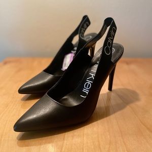 Calvin Klein Branded Black Leather Slingback Heel
